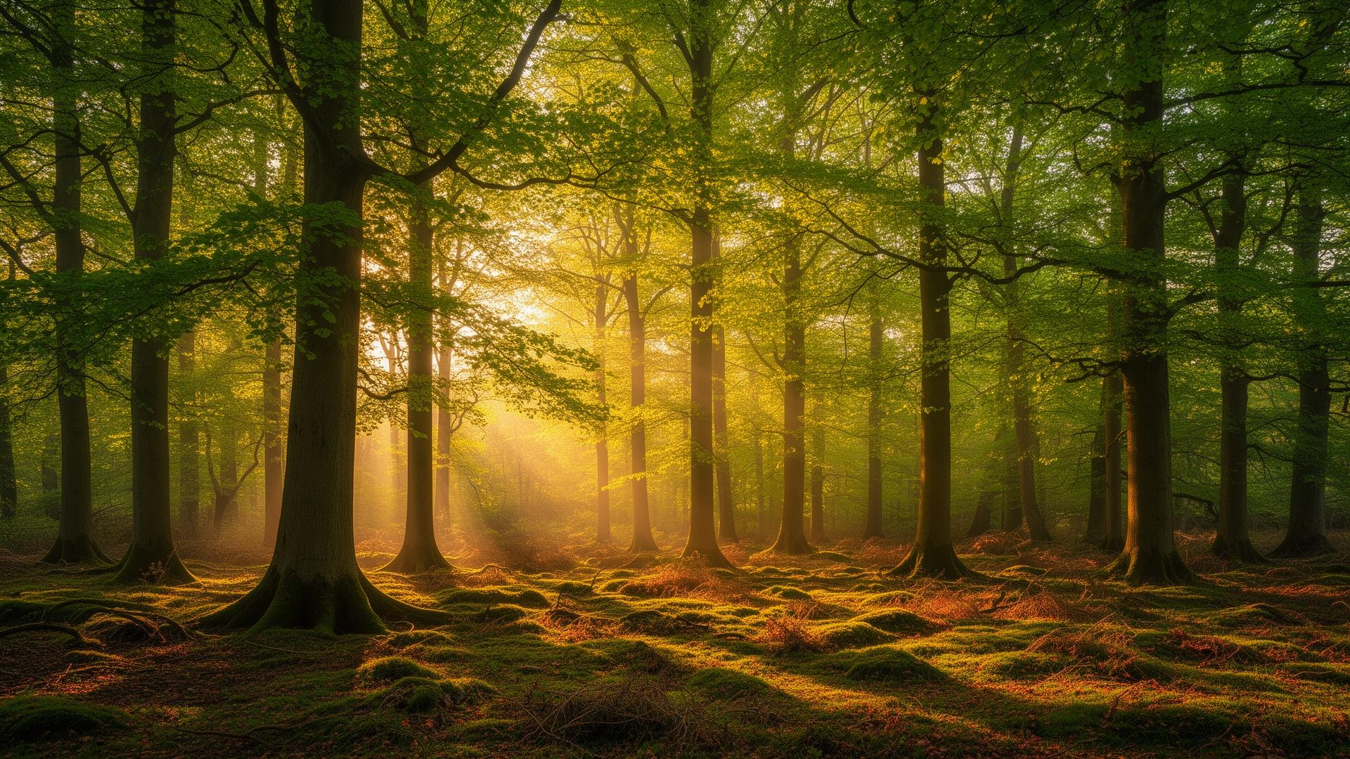 Children playing beside a wooden tree house in a sunlit woodland